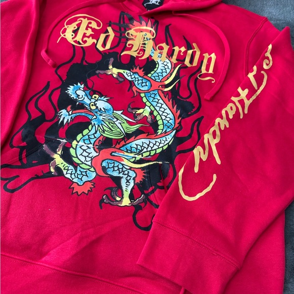 #254 (NWT) (AUTHENTIC) ED HARDY HOODIE. Red and gold colors. - Picture 3 of 14